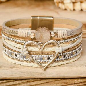 Bohemian Heart Rhinestone Magnetic Buckle Bracelet-Beige