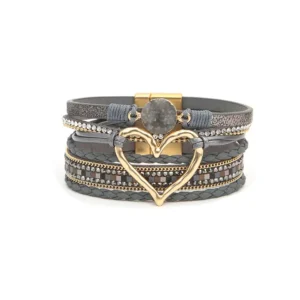 Bohemian Heart Rhinestone Magnetic Buckle Bracelet-Slate Gray