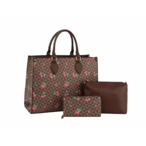 Fashion Cherry Monogram Satchel with Wallet 3-1 Set-Brown