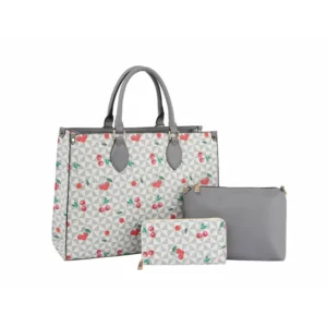Fashion Cherry Monogram Satchel with Wallet 3-1 Set-Light Grey