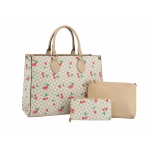 Fashion Cherry Monogram Satchel with Wallet 3-1 Set-Tan