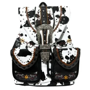 Cow Print Western Leather Buckle Backpack-Black