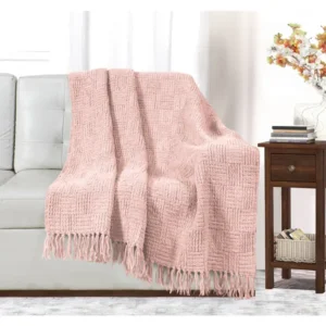 Kathy Ireland Oversized Chenille Fringed Basket Throw-Pink