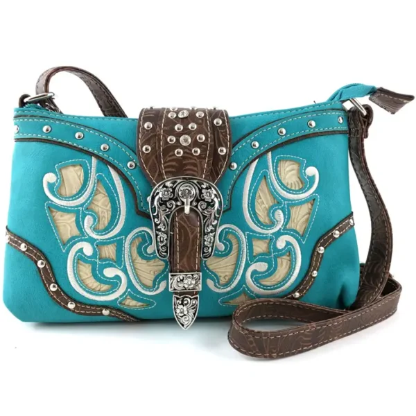 Western Floral Buckle Crossbody Pouch Bag-Turquoise